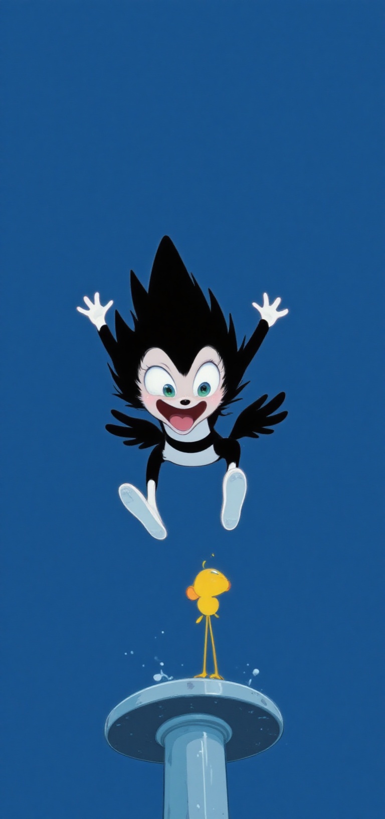 The image features a cartoon character in mid-air,  appearing to be leaping or flying. This character has a black and whit...