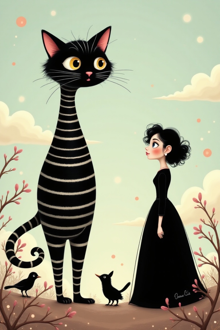 This image is a whimsical stylized illustration featuring a large black cat with white stripes. The cat has an elongated b...