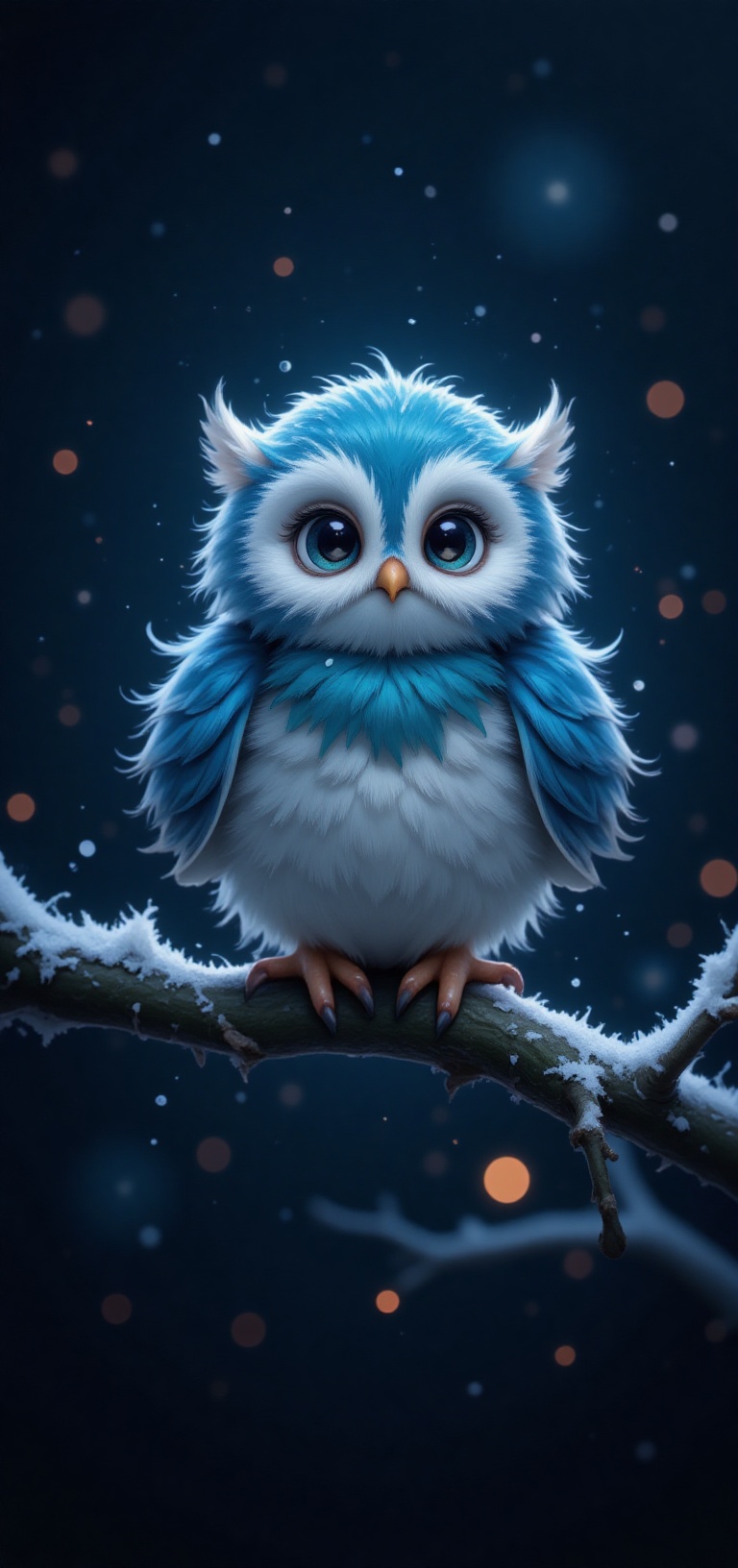 The picture shows a charming little blue owl sitting on a green branch. The owl has large round eyes with bulging black pu...