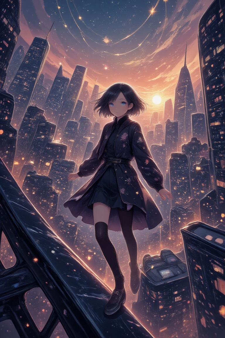 In this impressive illustration,  a young anime heroine stands in a graceful pose on a bridge,  as if part of a majestic u...