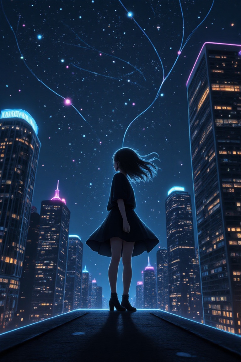 In this mesmerizing illustration,  a young anime heroine stands in an elegant pose on the edge of a bridge,  as if she wer...