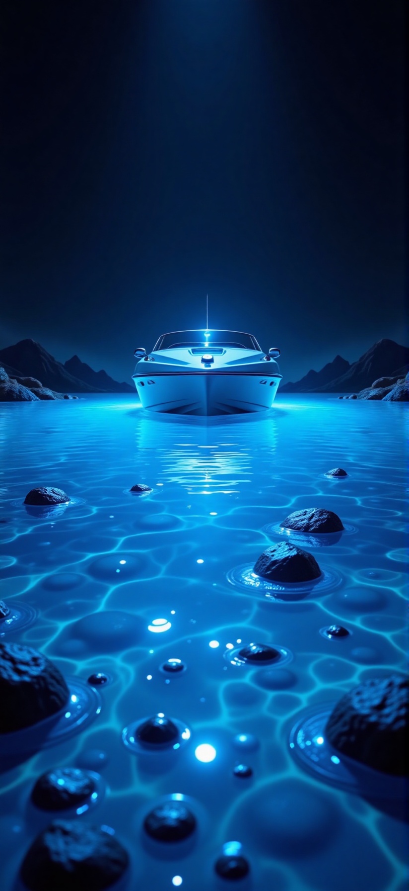 The picture shows a serene scene with a modern boat sailing through calm,  clear water towards the viewer. The boat is loc...