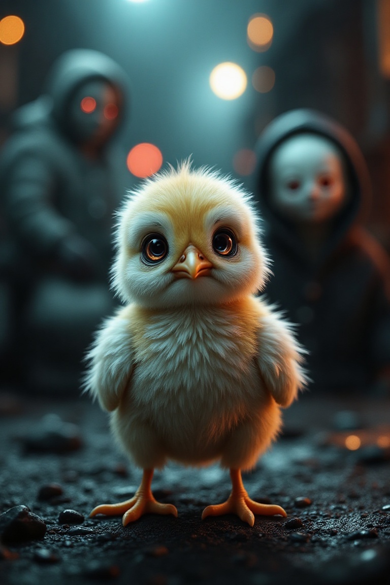 The close-up image shows a baby bird with a fluffy white and yellow head and large black eyes. The chick is positioned in...