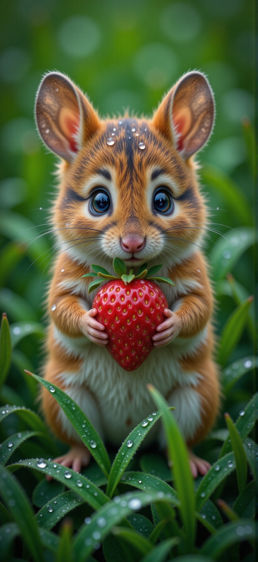 Close-up of a cute little mouse holding a large strawberry in its paws. A mouse sits in the grass after the rain. The gras...