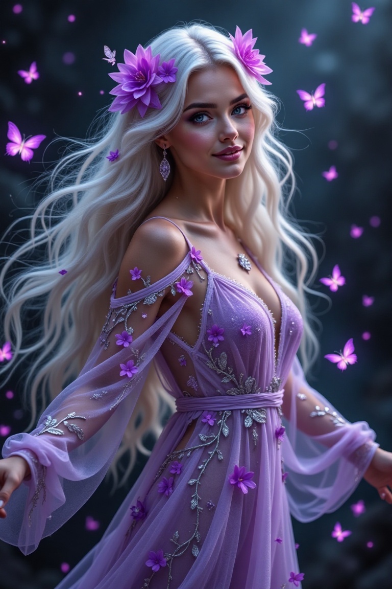 A woman with long platinum hair dances gracefully in a light,  semi-transparent dress. Her large eyes express peace and in...