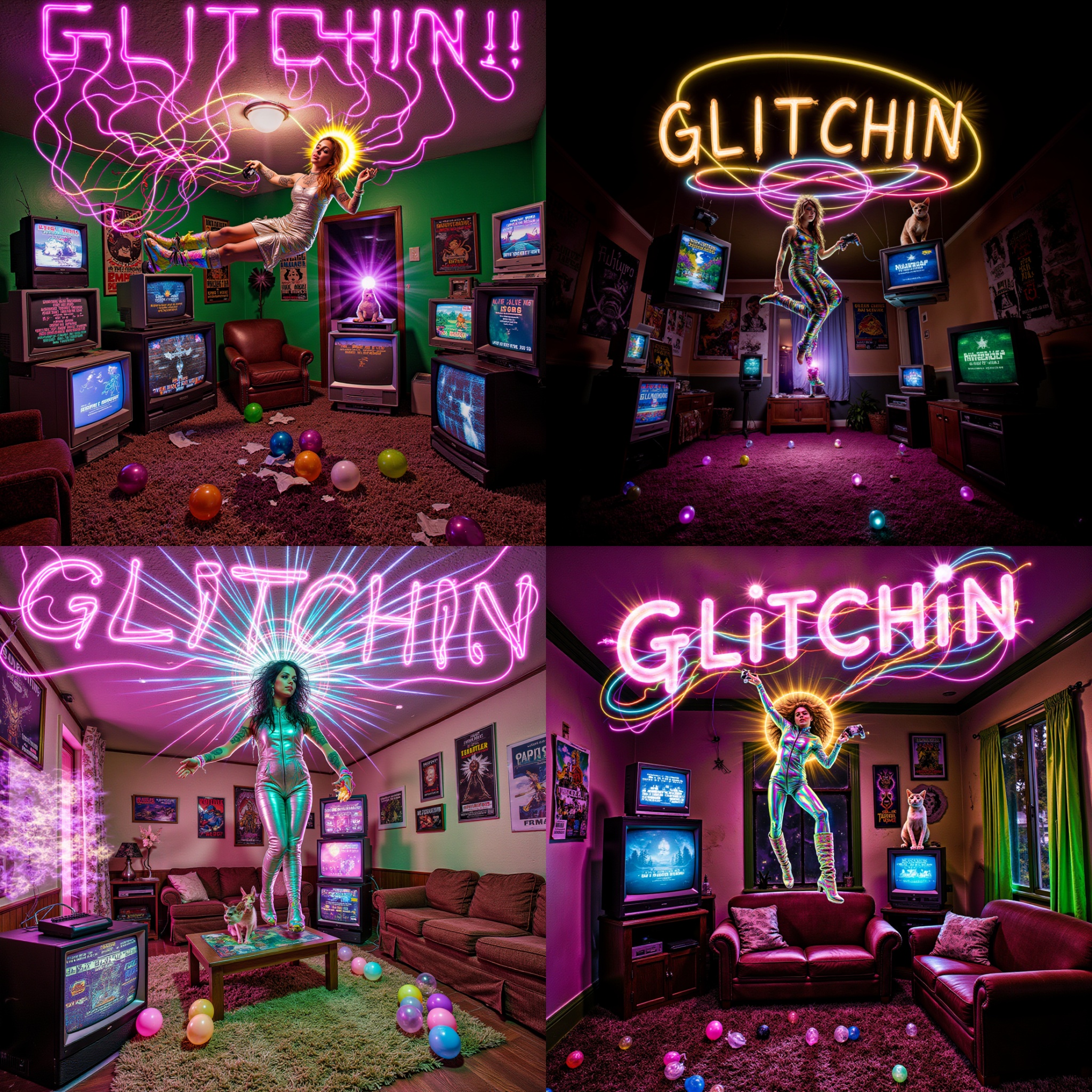ohwx Neon light streaks spell out the word "GLITCHIN" and arc wildly through a warped zero-gravity space forming tangled r...