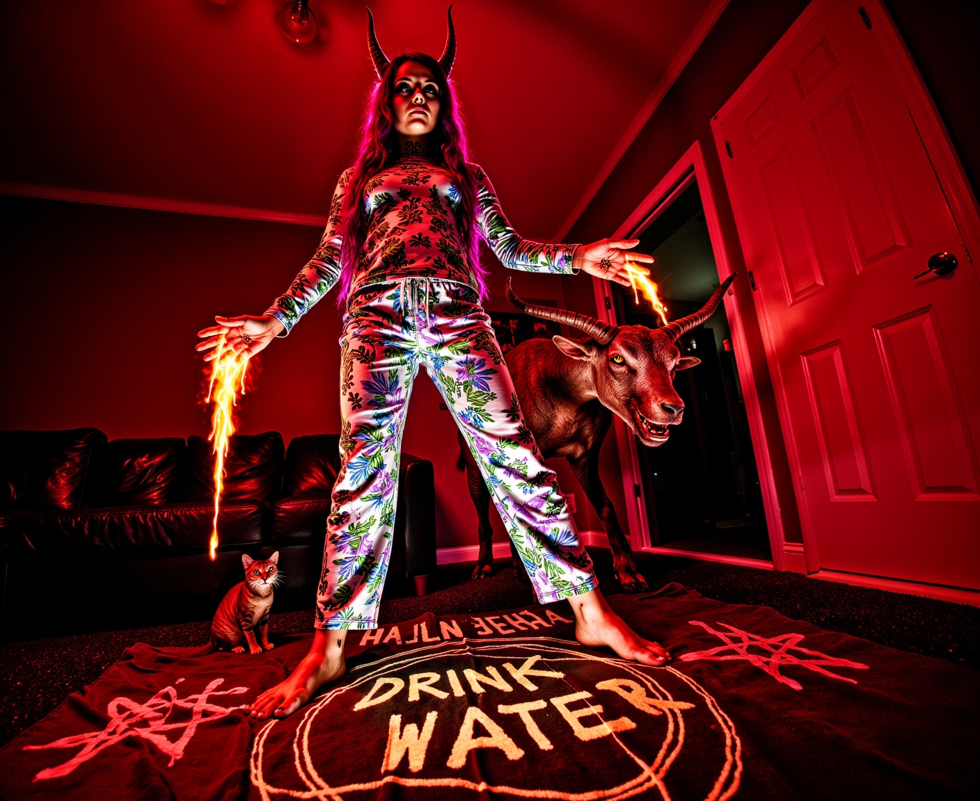 ohwx low angle worms eye view 500px hero shot,  a horned monster devil creature behind her with red skin the devil goat ha...