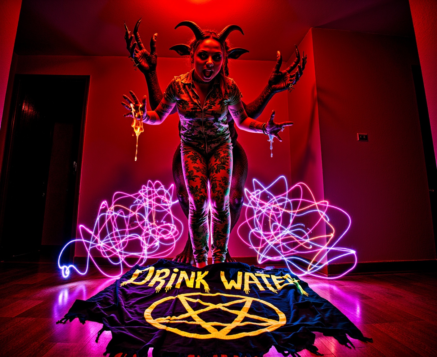 ohwx low angle worms eye view 500px hero shot,  a horned monster devil creature behind her with red skin the devil goat ha...