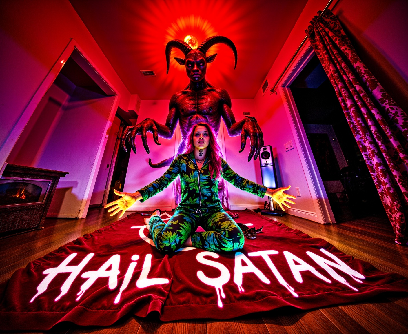 ohwx low angle worms eye view 500px hero shot,  a horned monster devil creature behind her with red skin the devil goat ha...