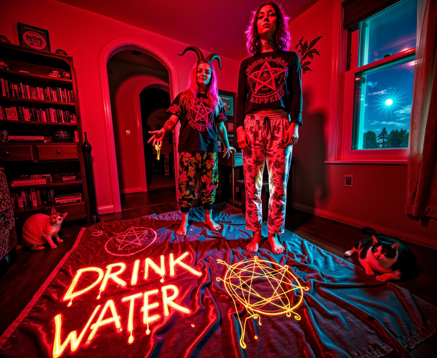 ohwx low angle worms eye view 500px hero shot,  a horned monster devil creature behind her with red skin the devil goat ha...