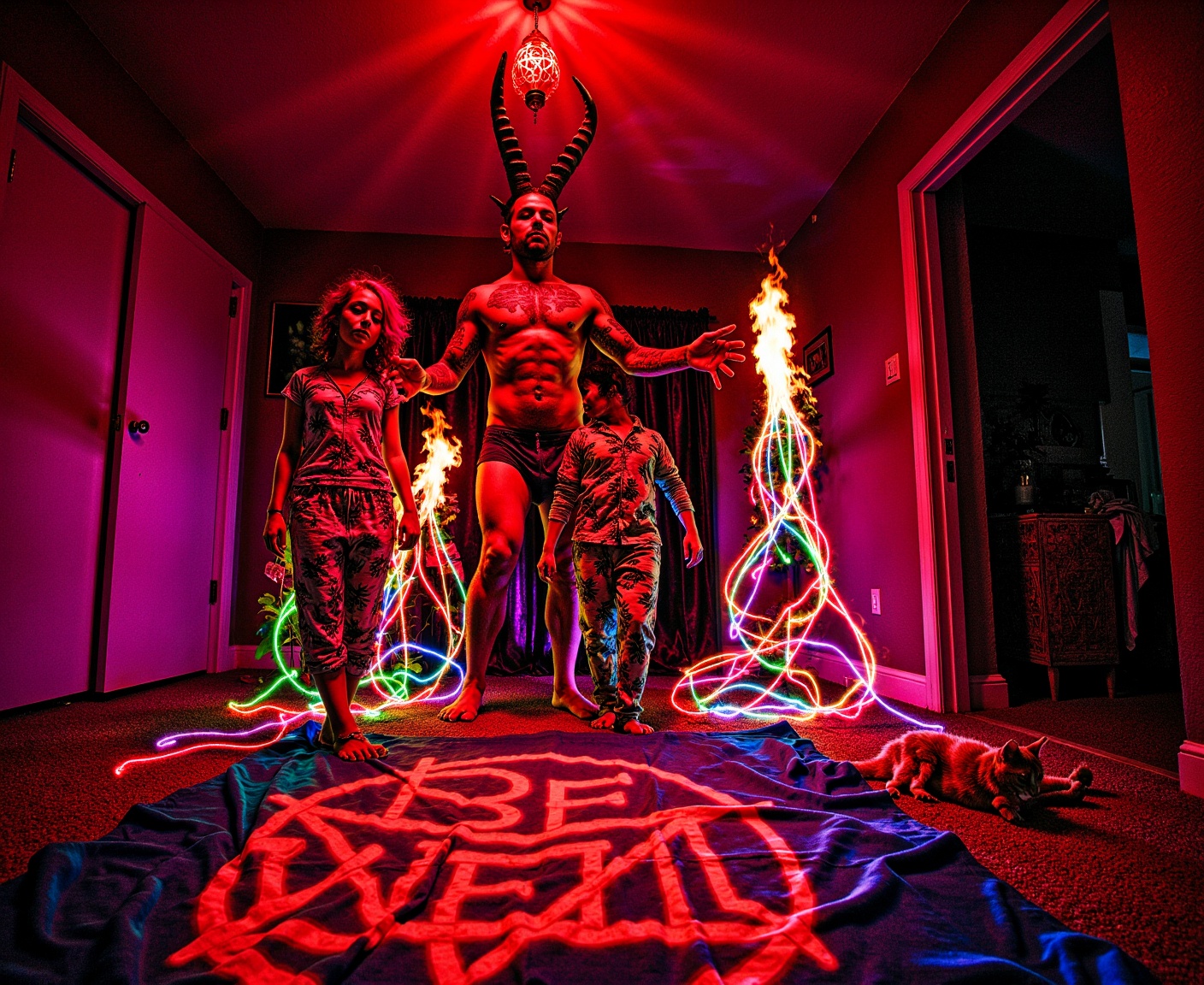 ohwx low angle worms eye view 500px hero shot,  a horned monster devil creature behind her with red skin the devil goat ha...