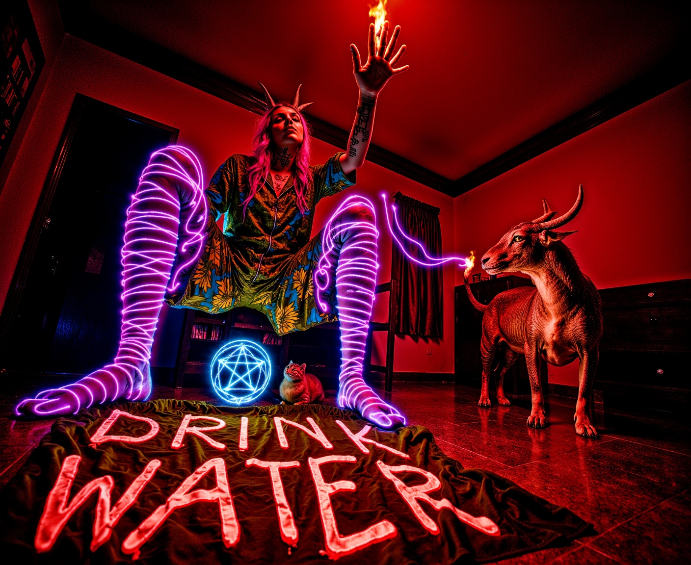ohwx low angle worms eye view 500px hero shot,  a horned monster devil creature behind her with red skin the devil goat ha...