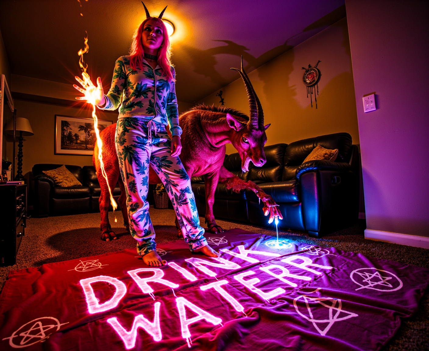 ohwx low angle worms eye view 500px hero shot,  a horned monster devil creature behind her with red skin the devil goat ha...