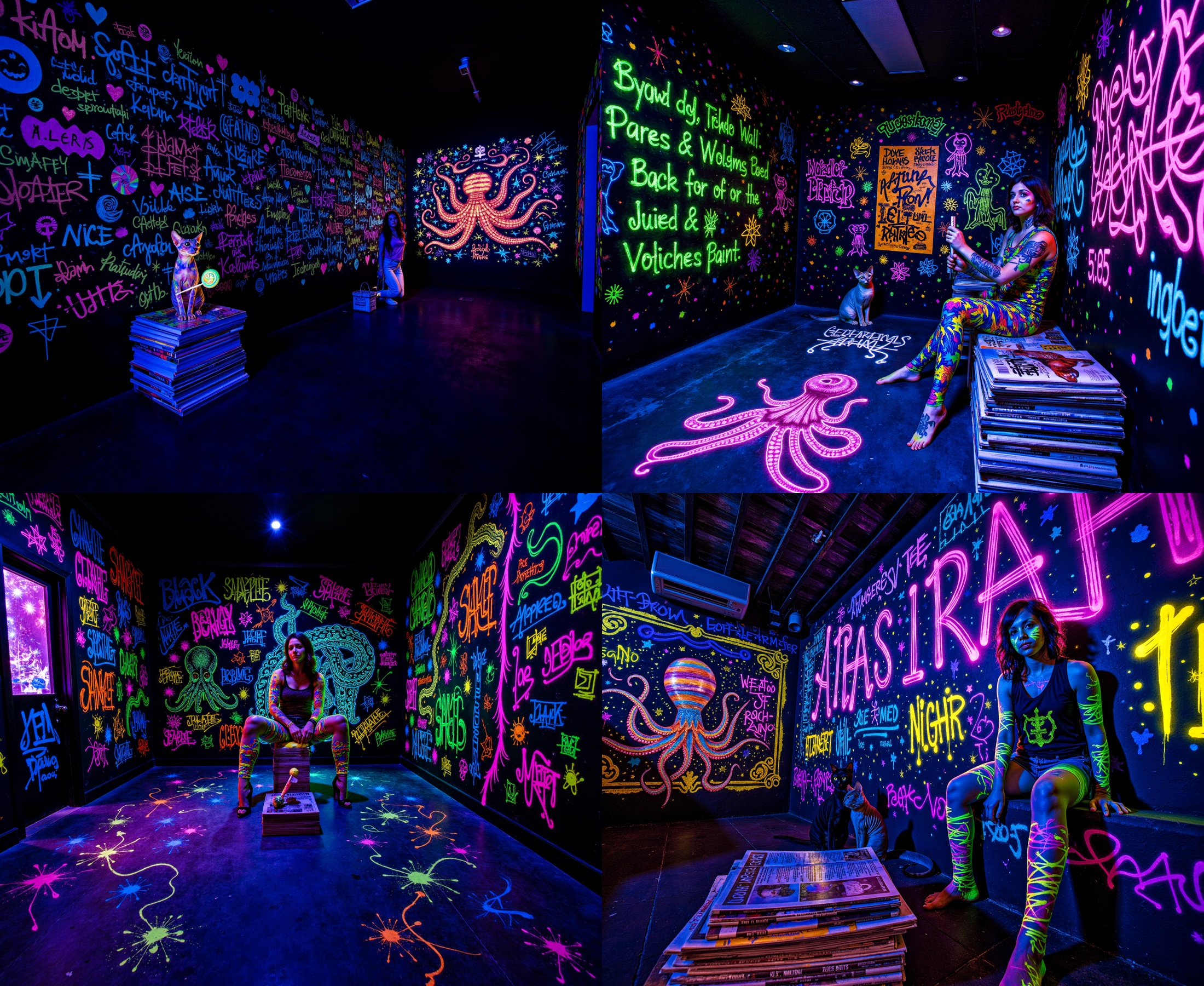 ohwx style photo. glowing graffiti on the wall and close to that there is more glowing graffiti displaying various tags pa...