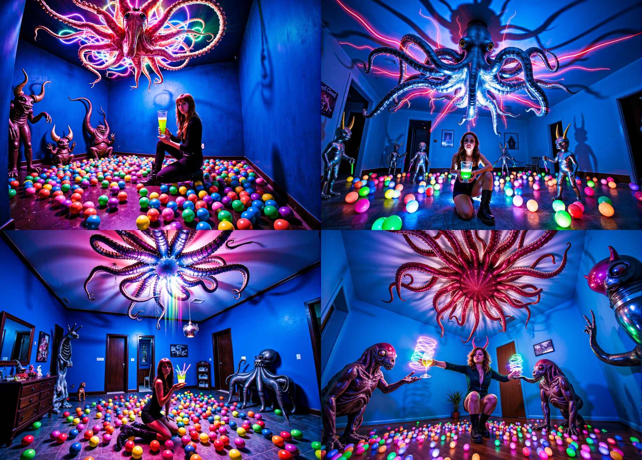 ohwx the scene-- a large a blue room with cool ambient light. realistic octopus tentacles coming out of the ceiling neon l...