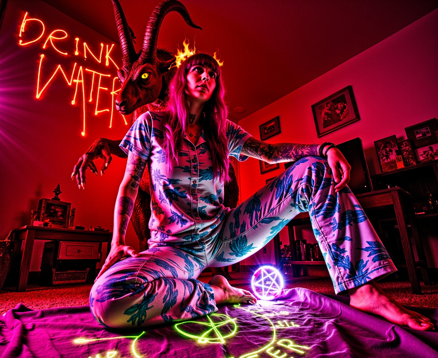ohwx low angle worms eye view 500px hero shot,  a horned monster devil creature behind her with red skin the devil goat ha...