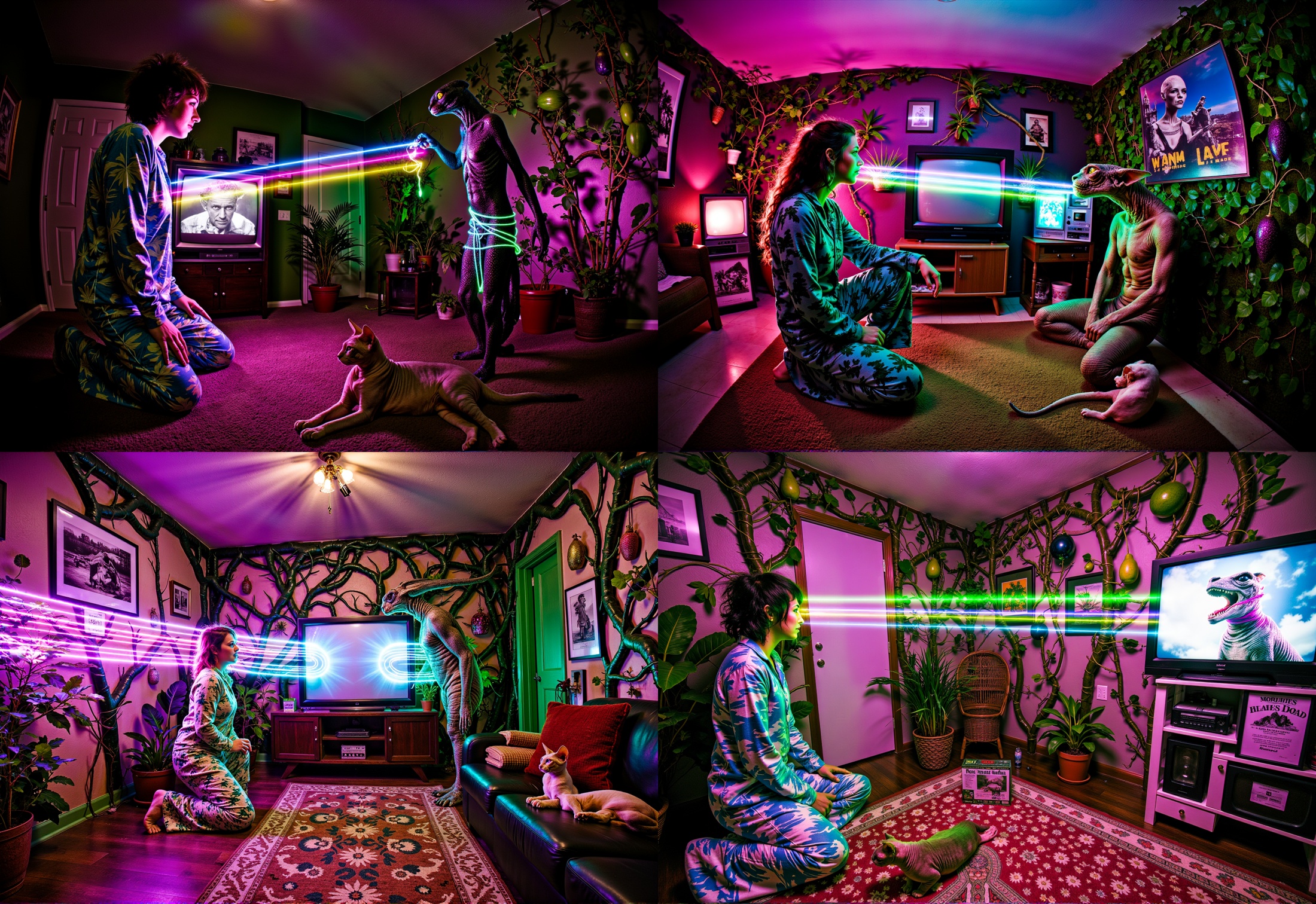 extra wide angle photo showing a giant brightly lit 80s vintage living room at night in darkness,  fisheye photo--colorful...