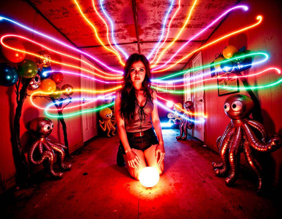 lit from below lit by very strong underlighting by a glowing orb on the floor,  realistic octopus tentacles coming out of...