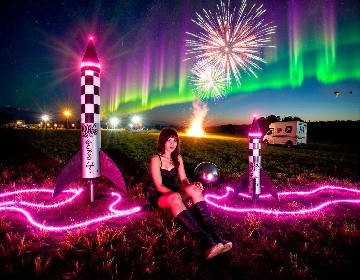 ohwx night time neon light trails and light painting trails abstract electric light patterns like a plasma ball in a wide...