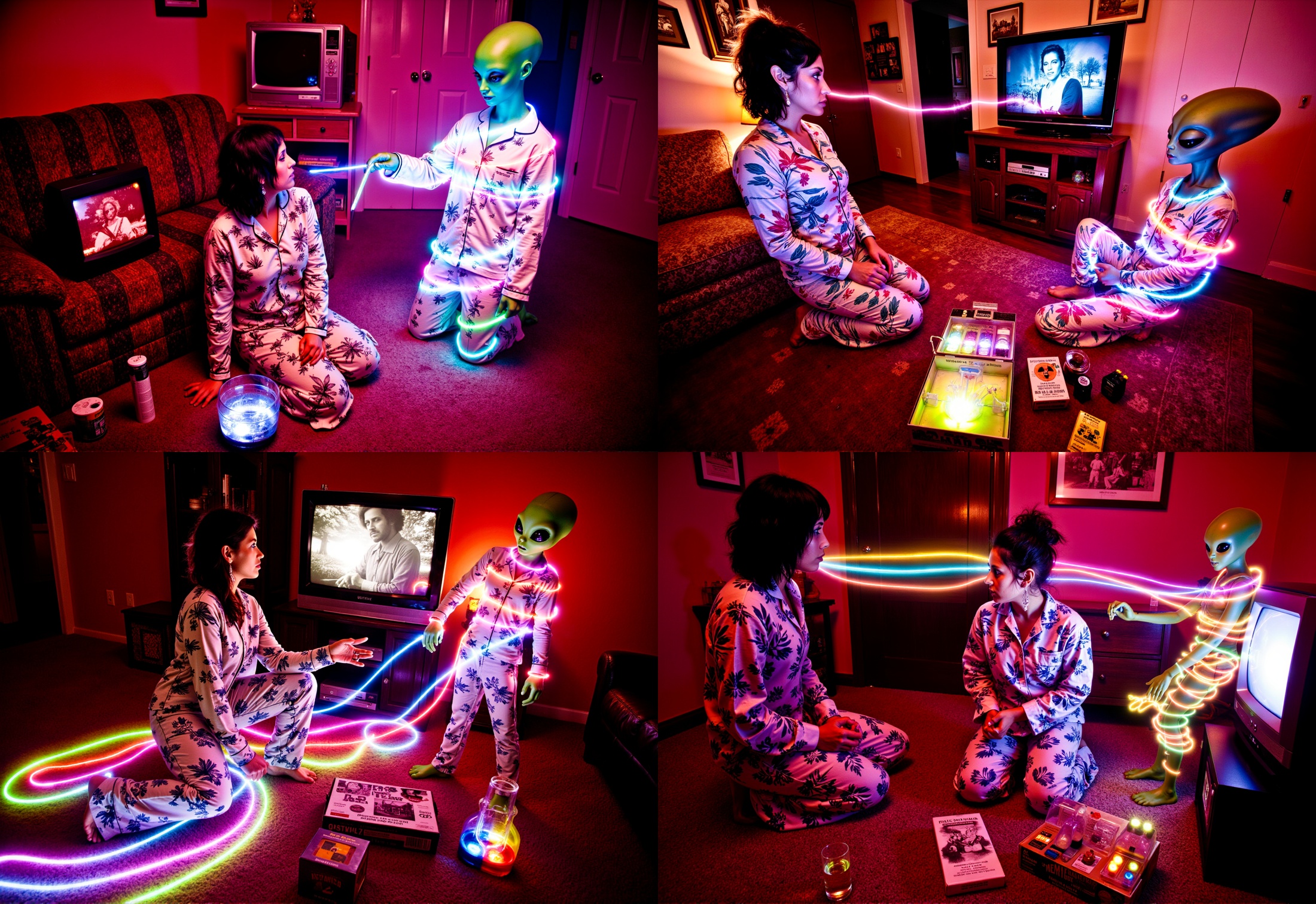 colorful ohwx Neon light trails ,  woman wearing tropical patterned baggy pajama pants,  and baggy long sleeved pajama shi...