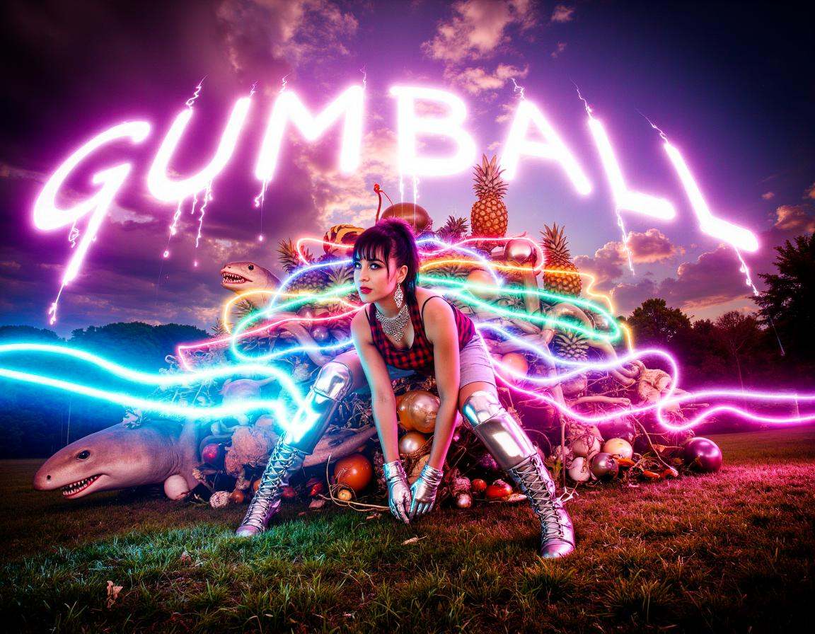 ohwx Neon light trails in the sky spell out in cursive letters "GUMBALL" in long exposure lightning bolts raining down fro...