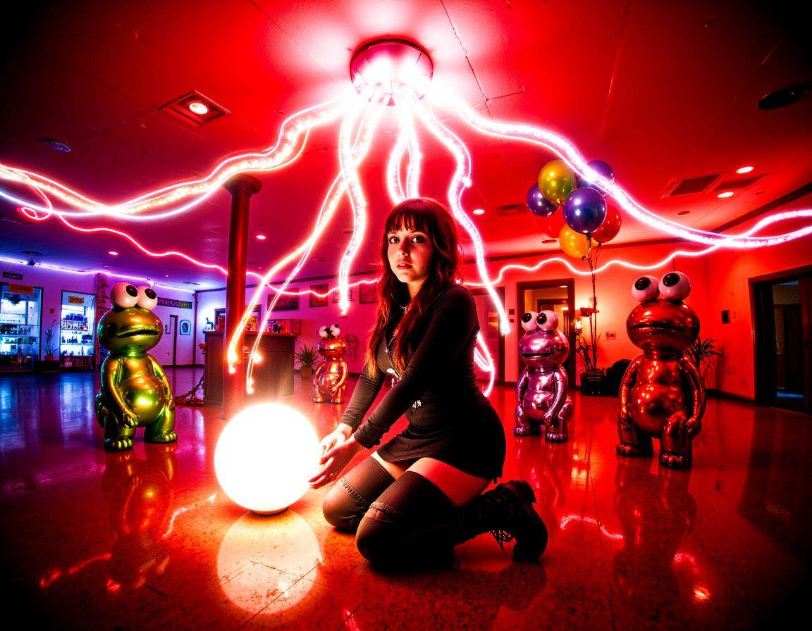 lit from below lit by very strong underlighting by a glowing orb on the floor,  realistic octopus tentacles coming out of...