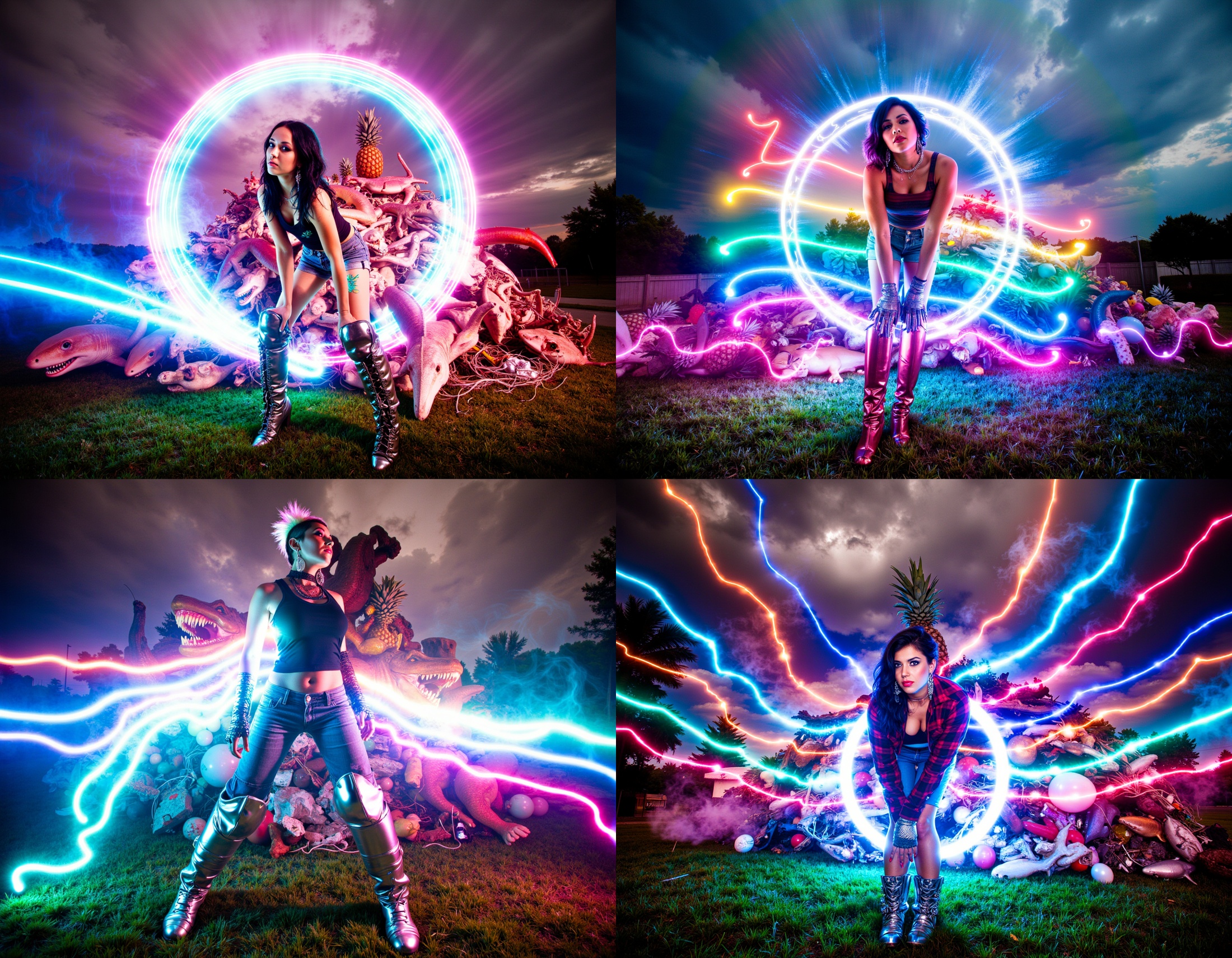 extremely wide angle full body photo cut-off denim shorts and giant metal boots and giant metal gloves like armor large at...