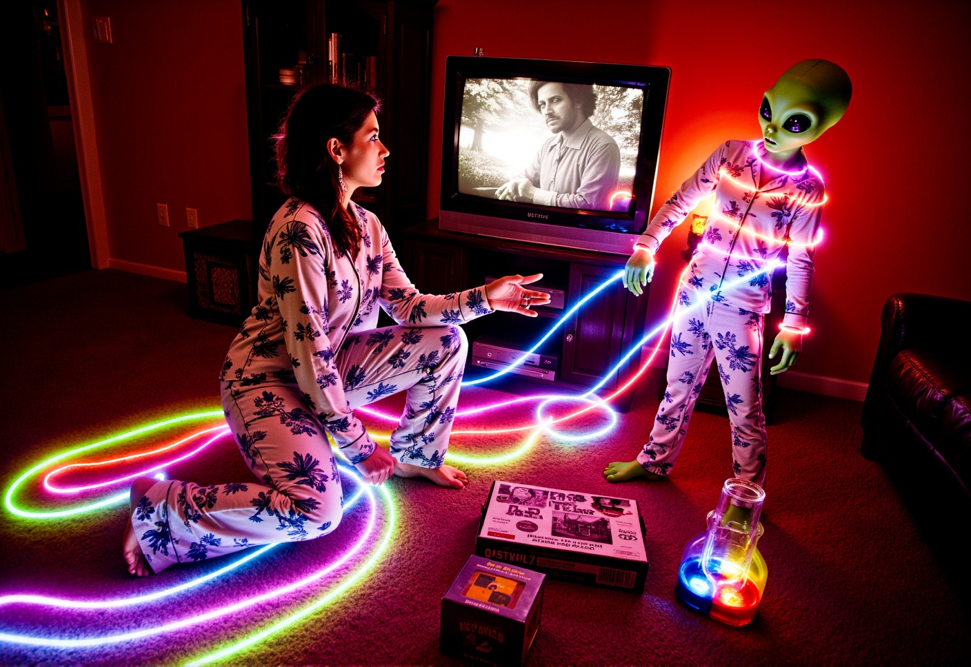 colorful ohwx Neon light trails ,  woman wearing tropical patterned baggy pajama pants,  and baggy long sleeved pajama shi...