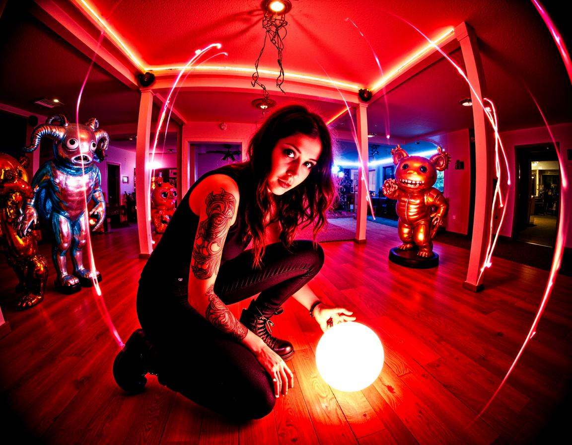 lit from below lit by very strong underlighting by a glowing orb on the floor,  realistic octopus tentacles coming out of...