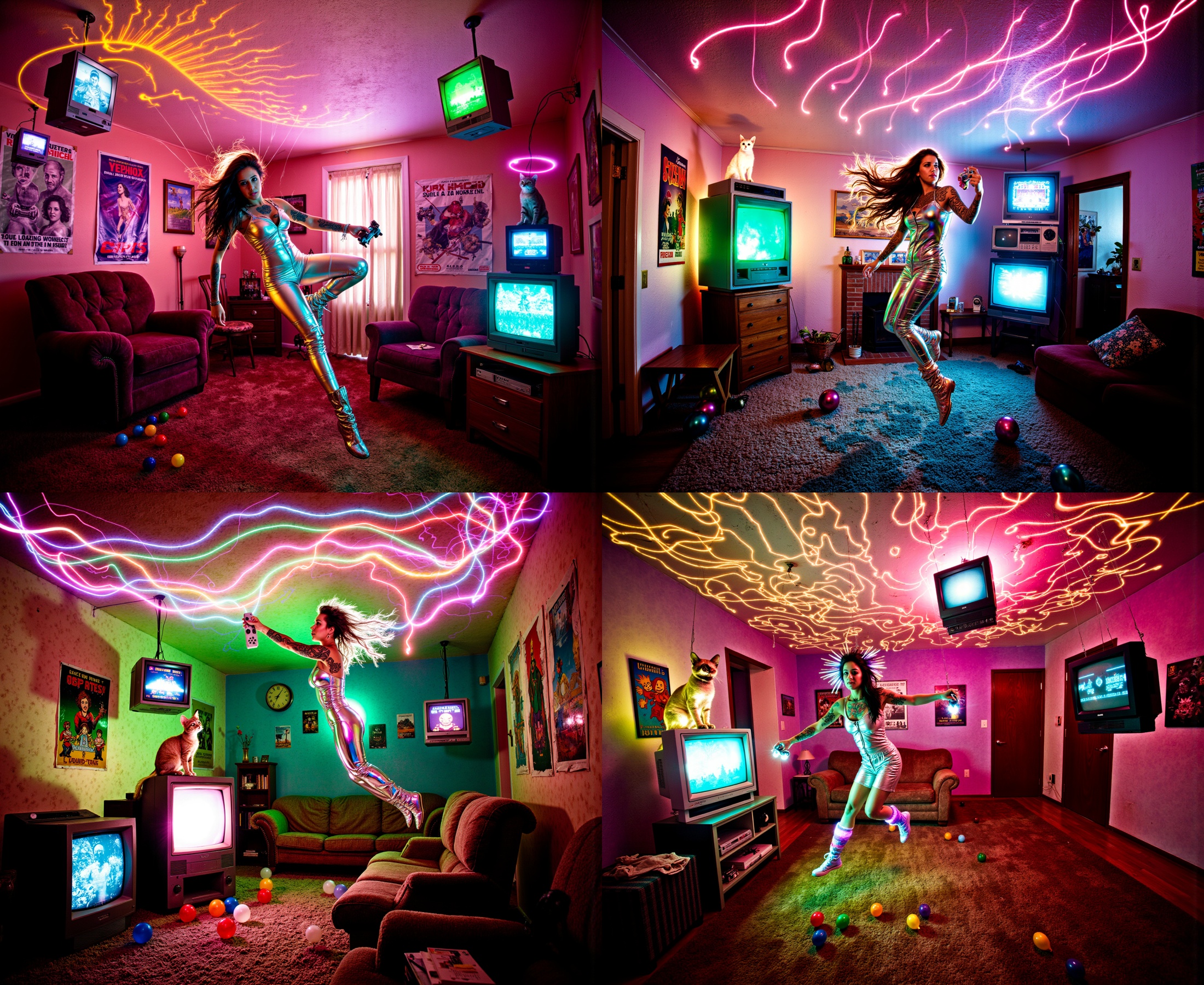 ohwx Neon light streaks arc wildly through a warped zero-gravity space forming tangled ribbons and 8-bit sprites and patte...