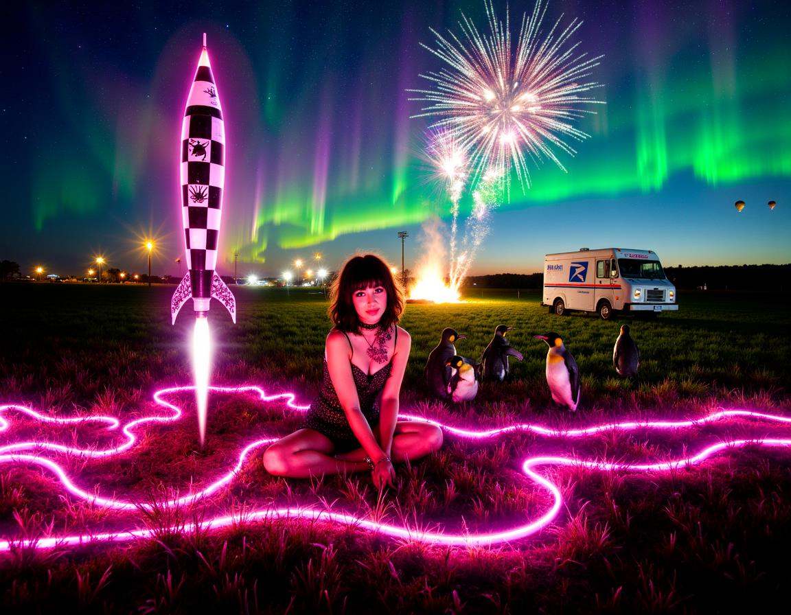 ohwx night time neon light trails and light painting trails abstract electric light patterns like a plasma ball in a wide...