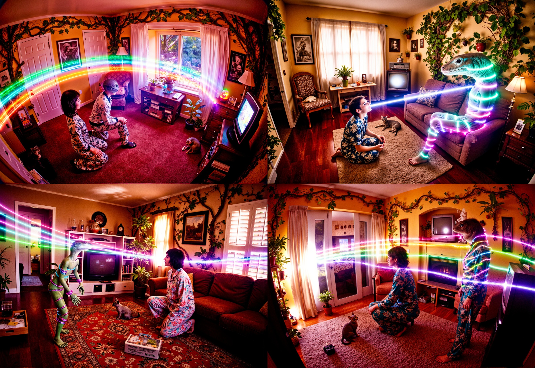 extra wide angle photo showing a giant brightly lit 80s vintage living room during the day with sunlight beaming in,  fish...