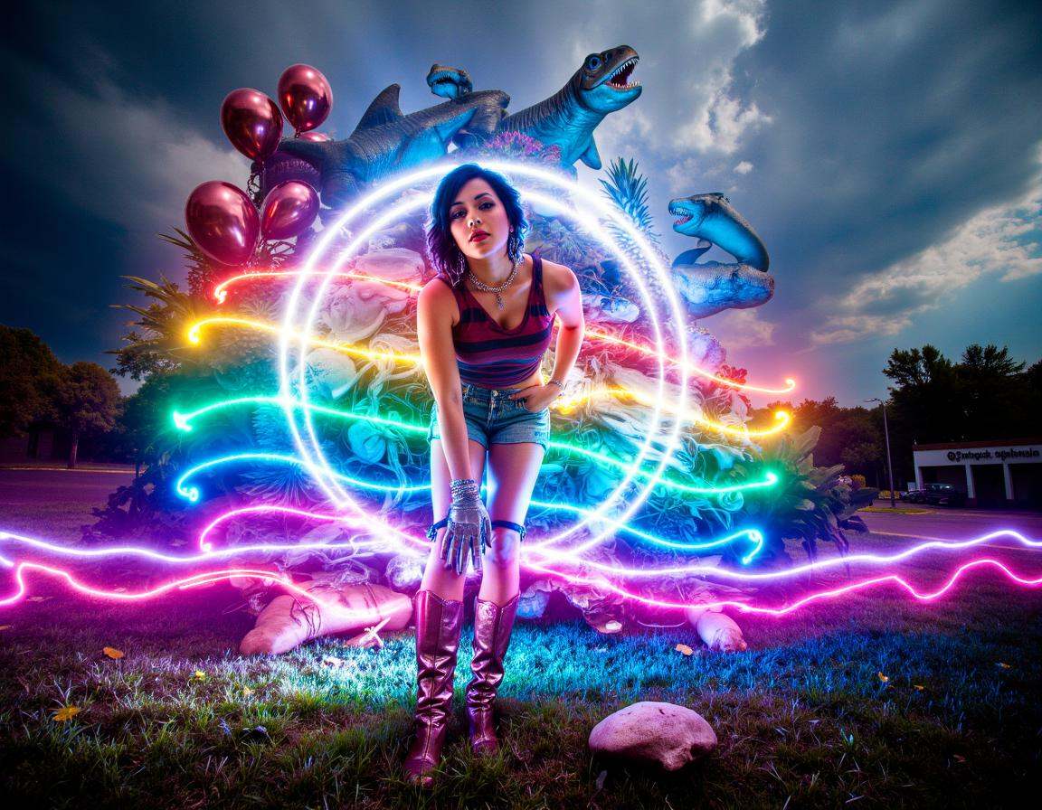extremely wide angle full body photo cut-off denim shorts and giant metal boots and giant metal gloves like armor large at...