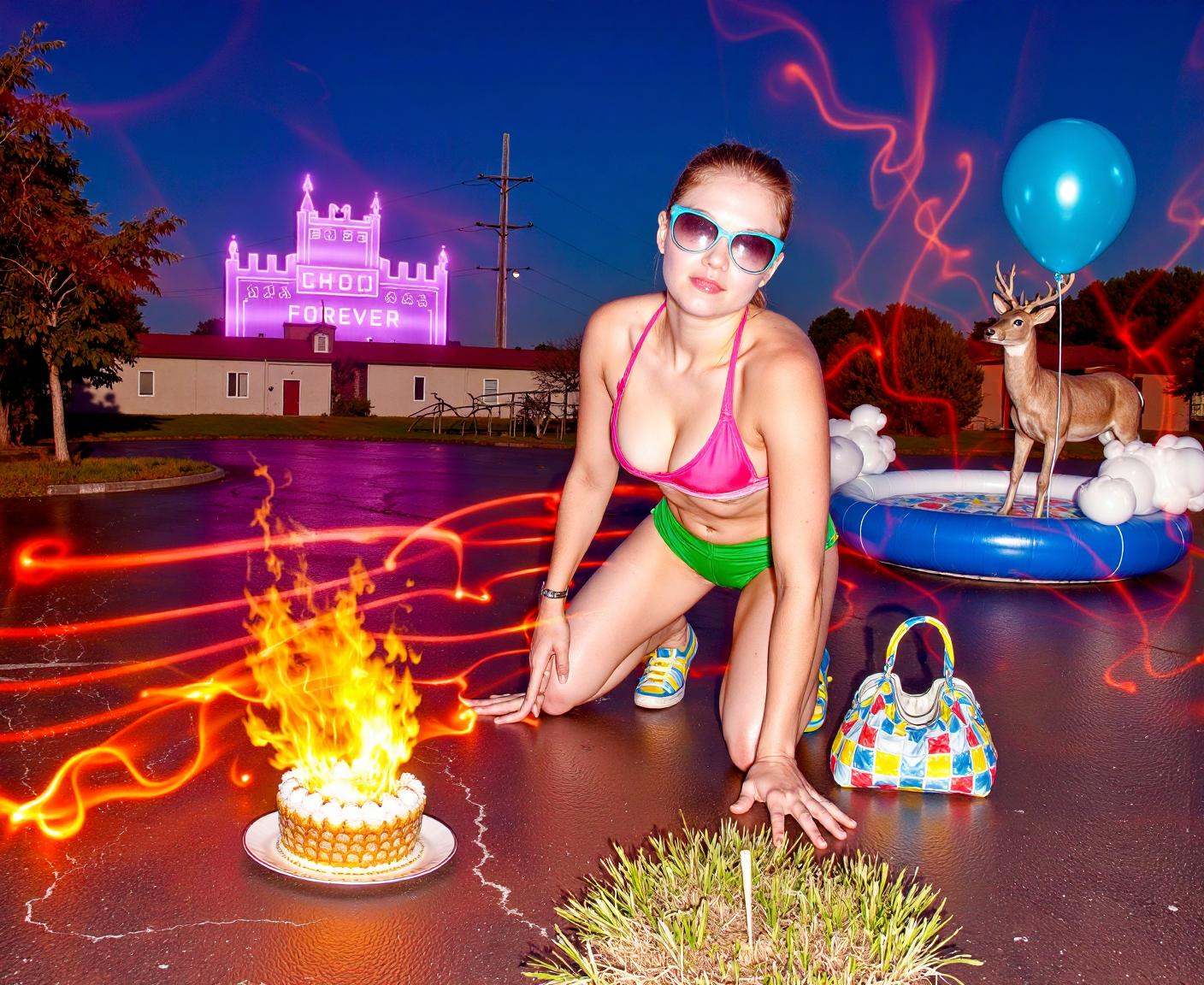 wide angle view ohwx Rainbow lens flares A vibrant digital art collage of a woman with bright pop-art elements an oversize...