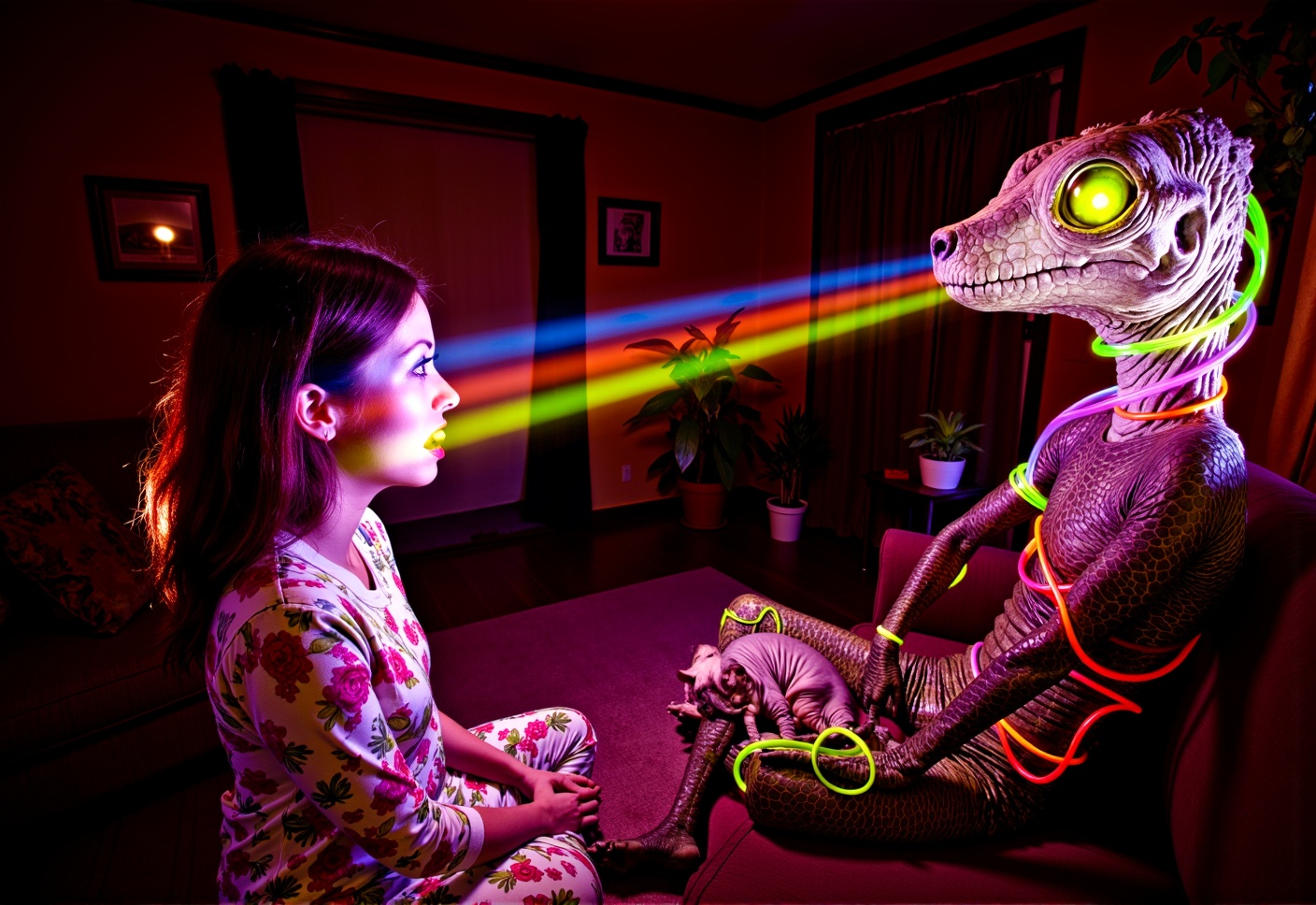 extra wide angle photo showing a giant brightly lit 80s vintage living room at night in darkness,  fisheye photo--colorful...