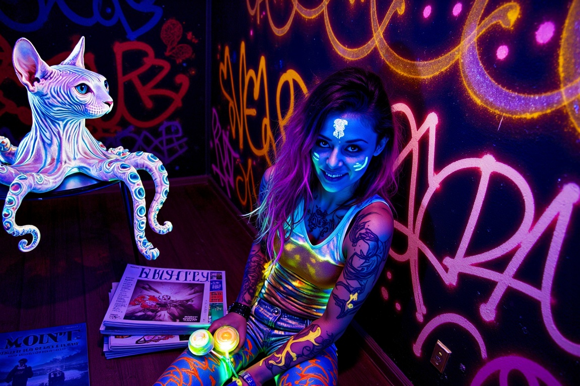 ohwx style photo wide angle showing full room. glowing graffiti on the wall and close to that there is more glowing graffi...