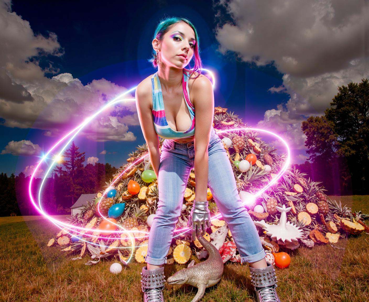 extremely wide angle full body photo cut-off denim shorts and giant metal boots and giant metal gloves like armor large at...