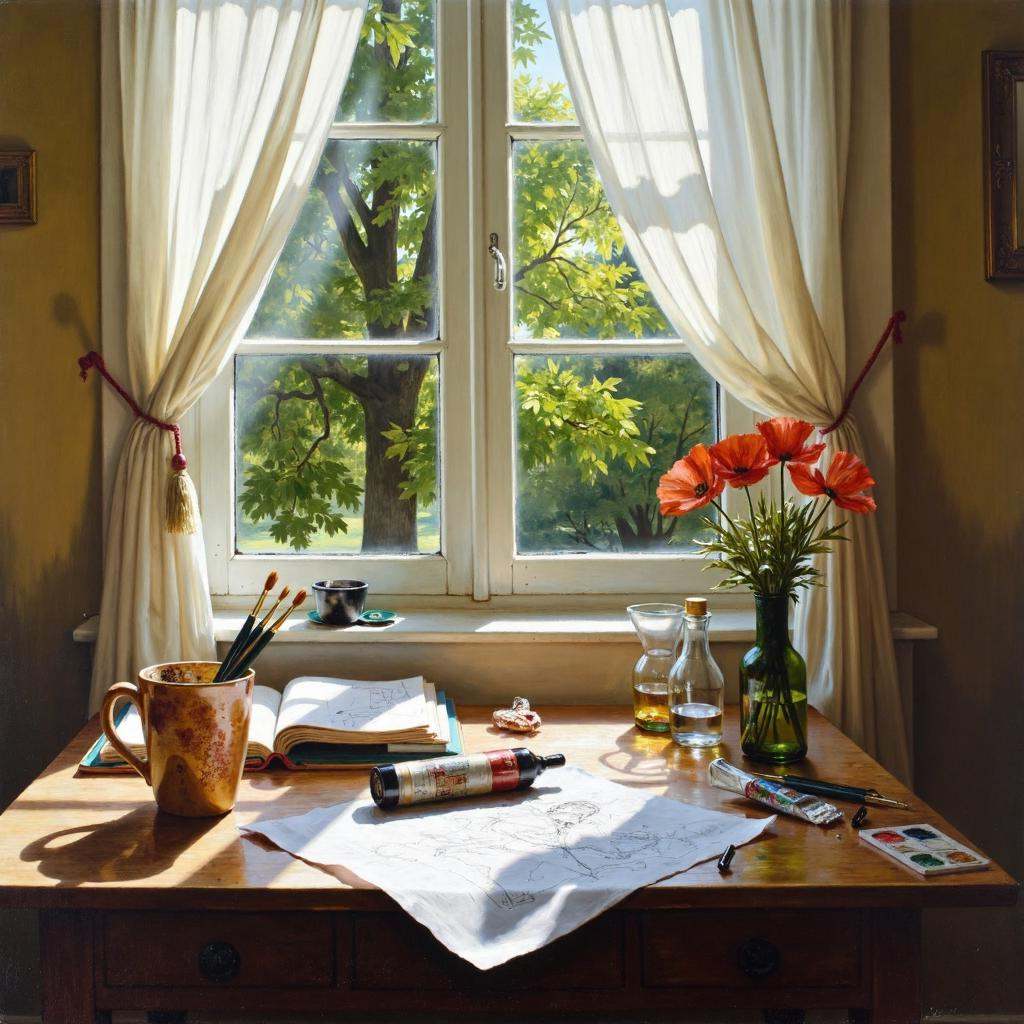 oil painting in op artstyle of a sunlit artist's studio at midday in midsummer,  focusing on a cluttered still-life scene...