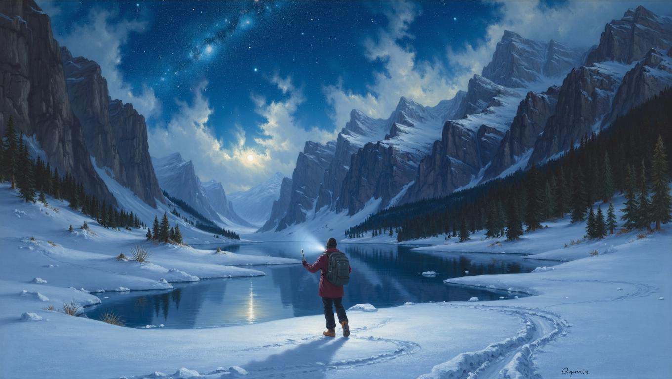 oil painting in op artstyle of a lone hiker standing at the edge of a frozen alpine lake beneath a star-filled night sky,...