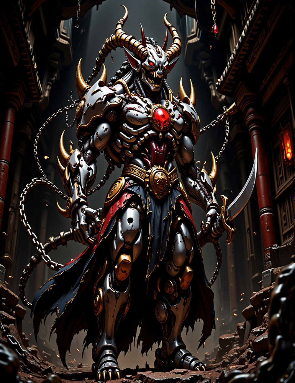 Full body potrait. A horrifying biomechanical demon hybrid stands in a dark,  shadowy room. Its handsome face is half-torn...