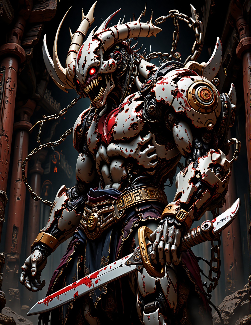 Full body potrait. A horrifying biomechanical demon hybrid stands in a dark,  shadowy room. Its handsome face is half-torn...