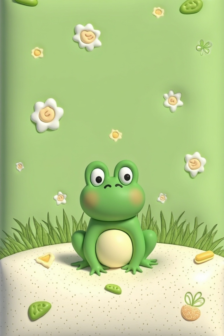 A cute 3D froggie character sitting on a pressed soft surface,  doodle-style phone wallpaper with green themes,  small dec...