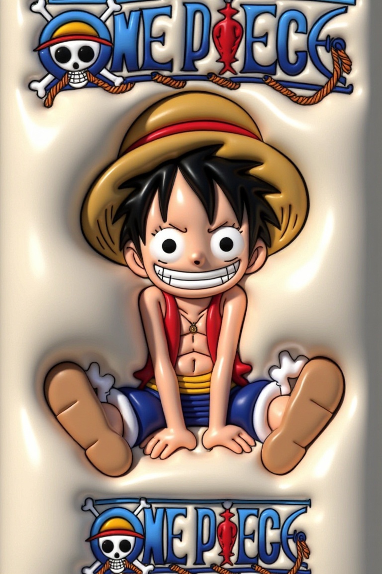 A 3D Monkey D. Luffy character sitting on a pressed soft surface,  dynamic pose,  text ONE PIECE displayed nearby on Tenso...
