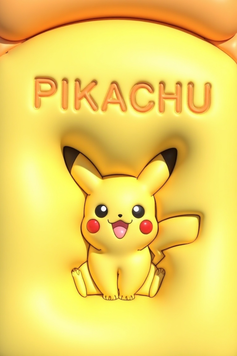 A cute Pikachu 3D character sitting on a pressed soft surface,  text Pikachu displayed beside it,  yellow and orange color...