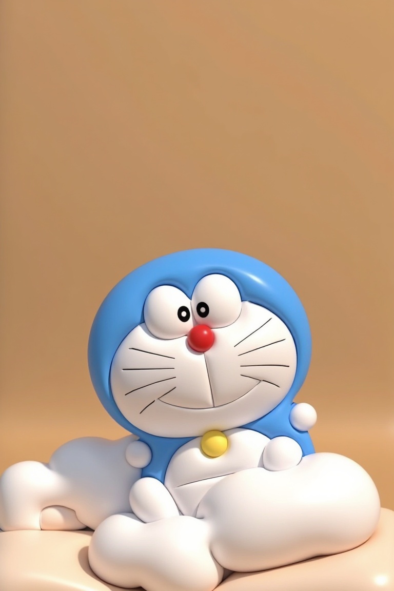 A cute Doraemon 3D character sitting on a pressed soft surface,  warm color tones,  close-up shot on Tensor.Art