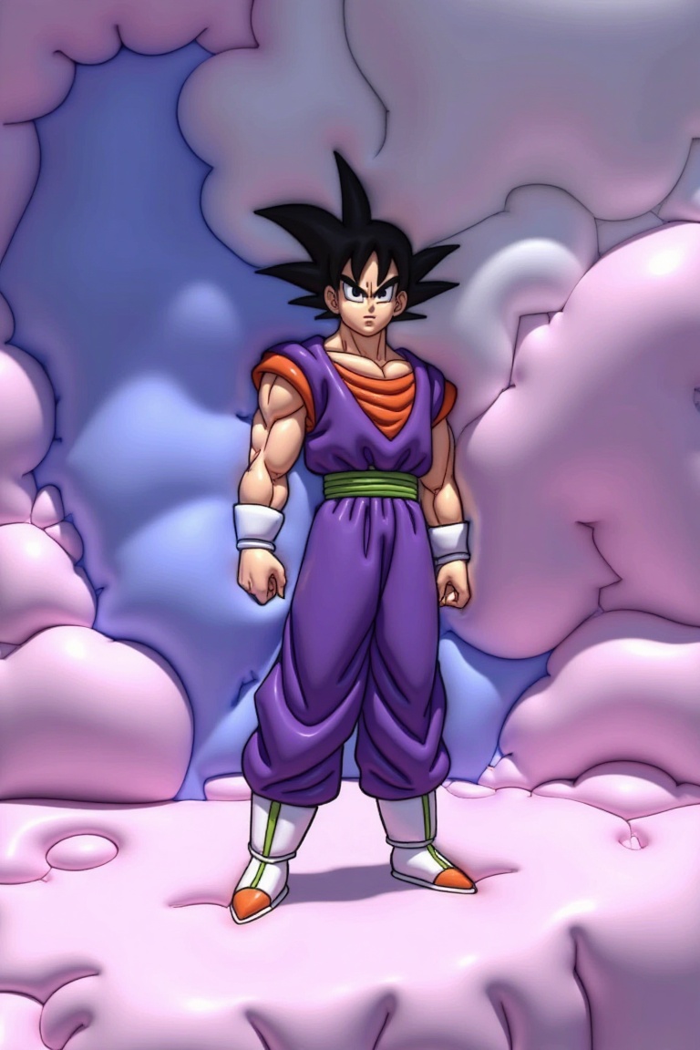 Anime Dragon Ball character standing on a pressed smooth soft surface,  vivid color palette,  dramatic lighting on Tensor.Art