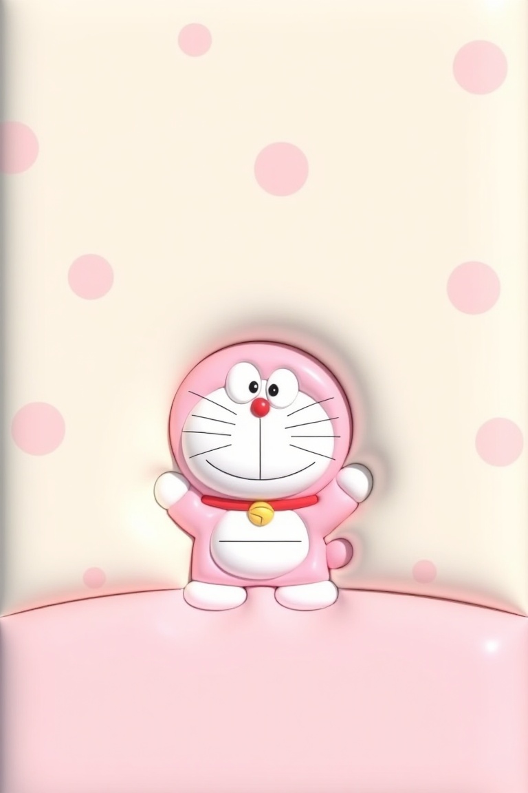 A Doraemon character standing on a pressed smooth soft surface,  pink and cream color theme,  gentle lighting on Tensor.Art