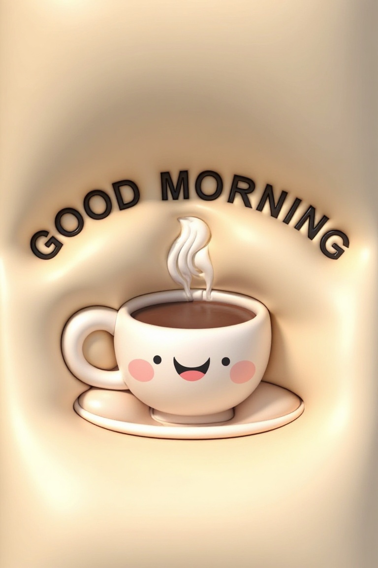 A cute 3D coffee cup character sitting on a pressed soft surface,  text GOOD MORNING displayed nearby,  beige and brown co...