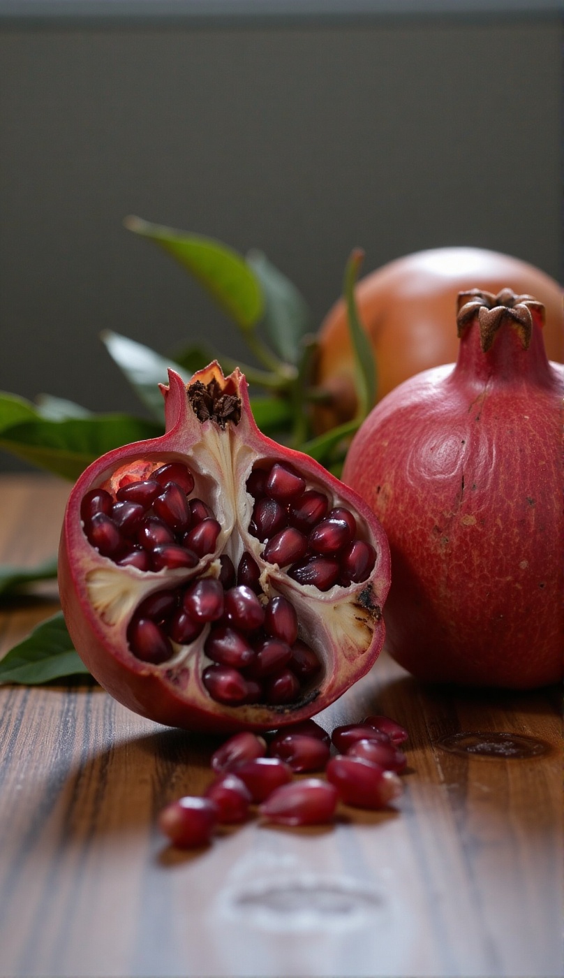 A close-up of a pomegranate lit by a strobe light,  with one whole pomegranate and one cut open to reveal the seeds inside...