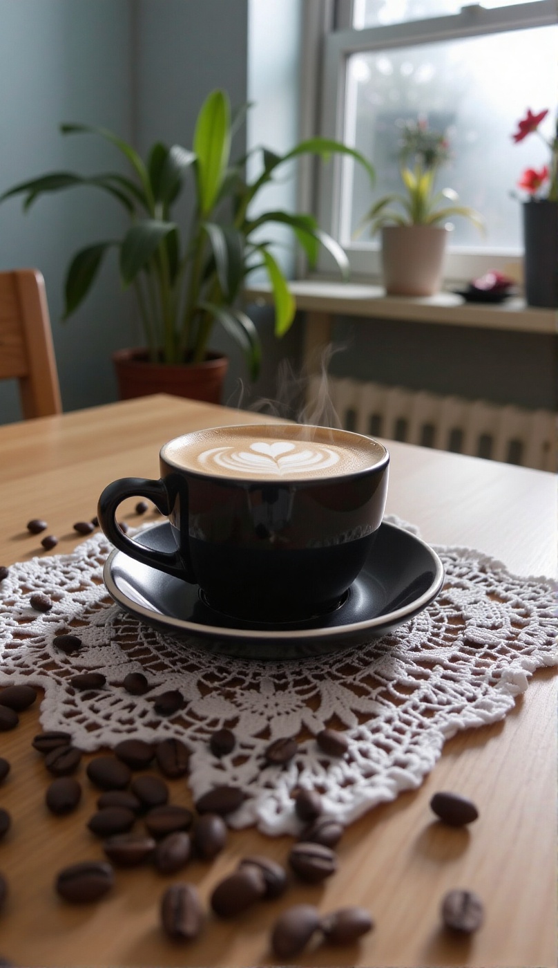 Commercial photograph of a steaming cup of latte art coffee in a black cup with a saucer,  lit by a strobe light,  placed...